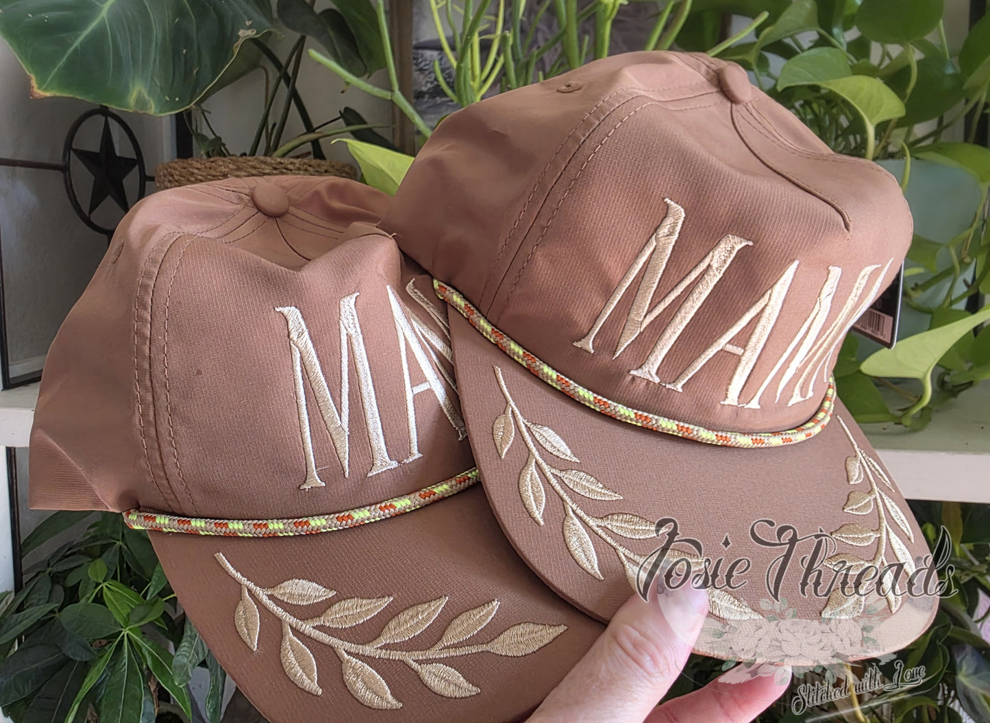 Mama Embroidered Leaf Rope Hat