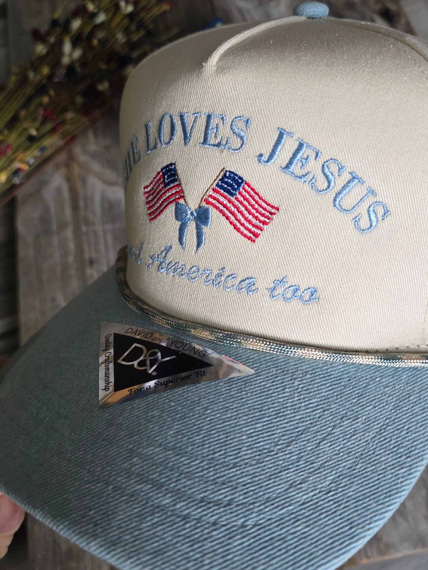 She loves Jesus and America Too Light Denim Hat