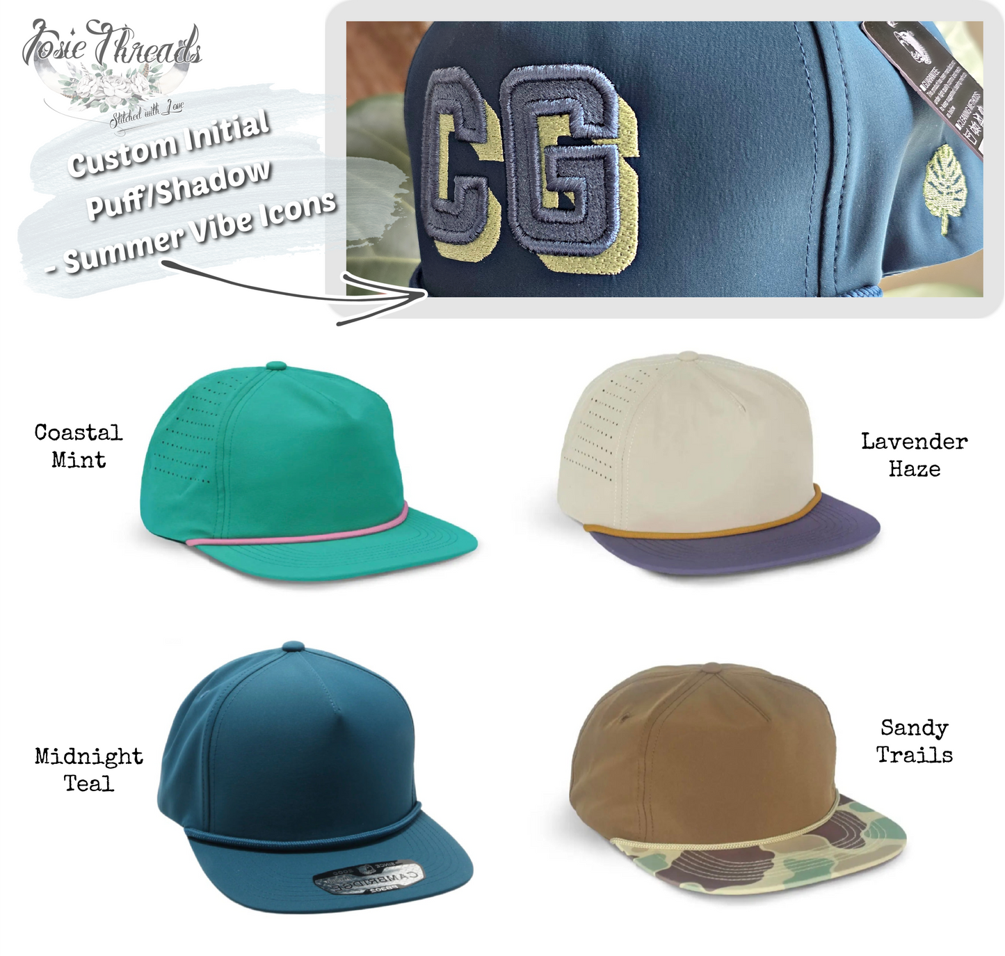 Personalized Initial Font, Summer Hat - with Side Embroidery