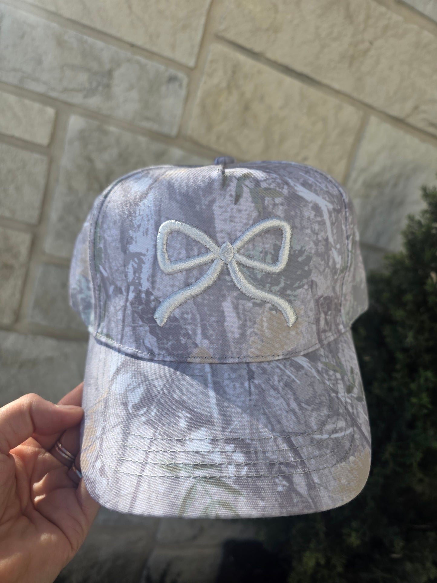 Grey Camo Puff Bow Hat