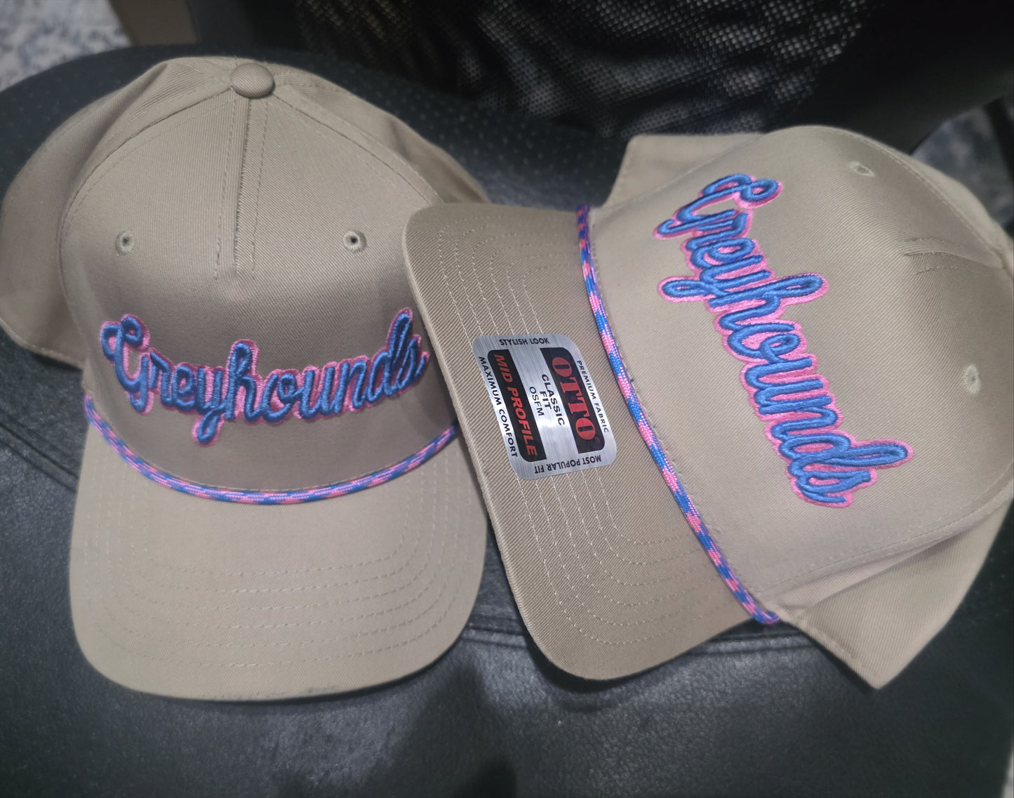 3d Greyhounds Neon Pink & Electric Blue, Tan Rope Hat