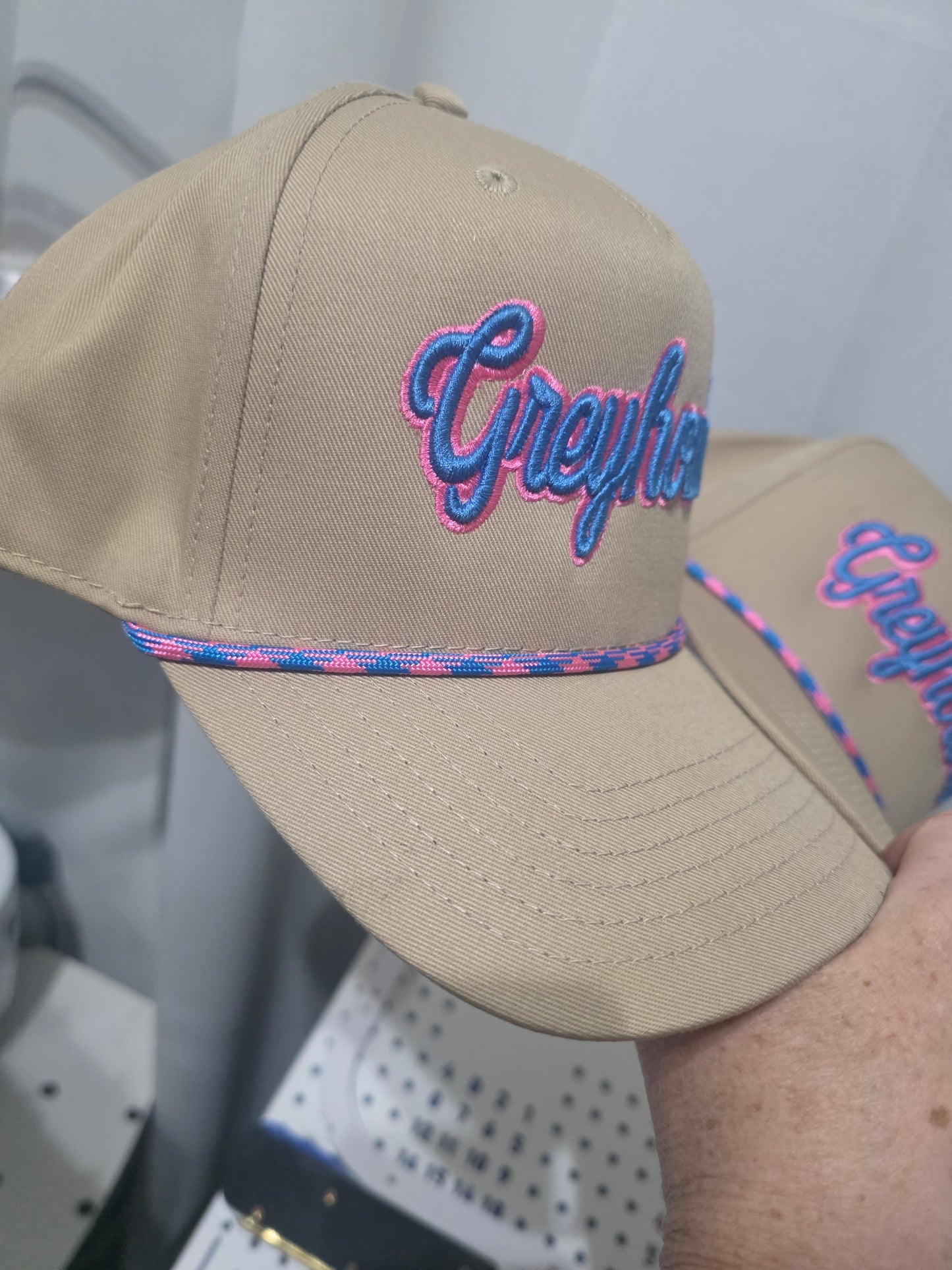 3d Greyhounds Neon Pink & Electric Blue, Tan Rope Hat