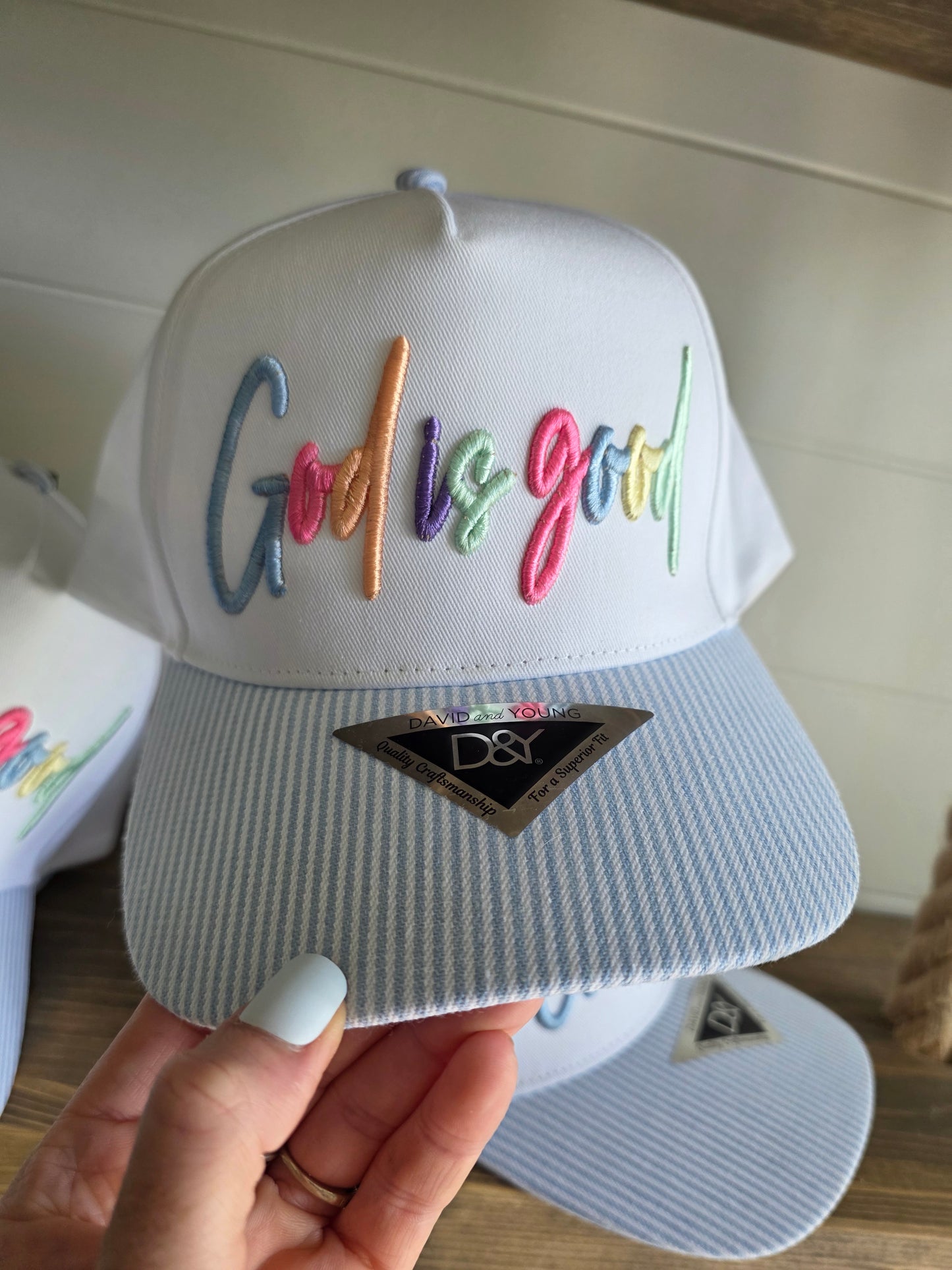 God is Good Multicolor 3d Puff, Striped Hat