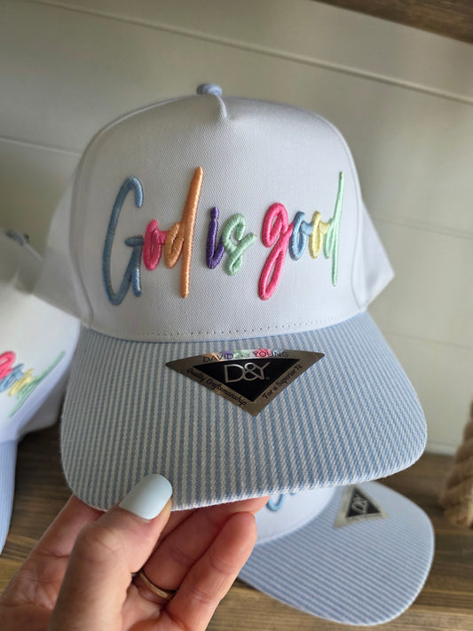 God is Good Multicolor 3d Puff, Striped Hat