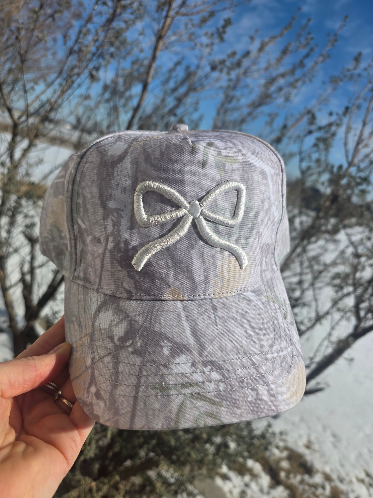 Grey Camo Puff Bow Hat