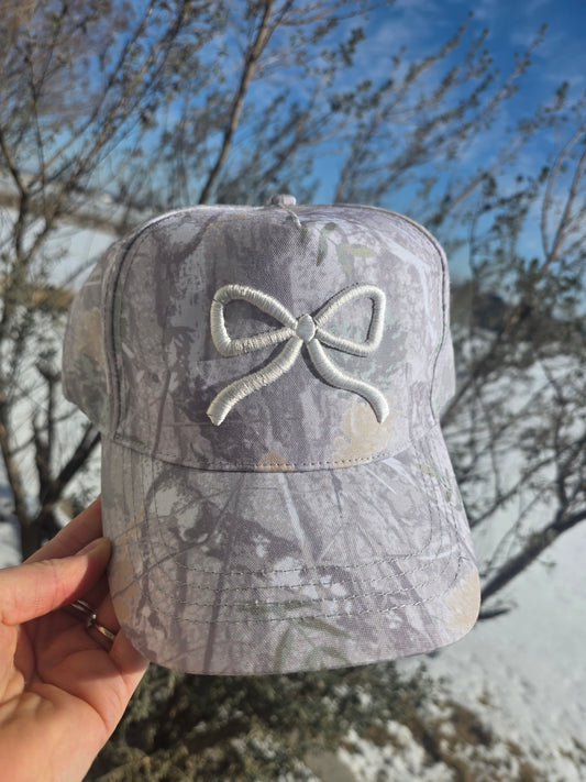 Grey Camo Puff Bow Hat