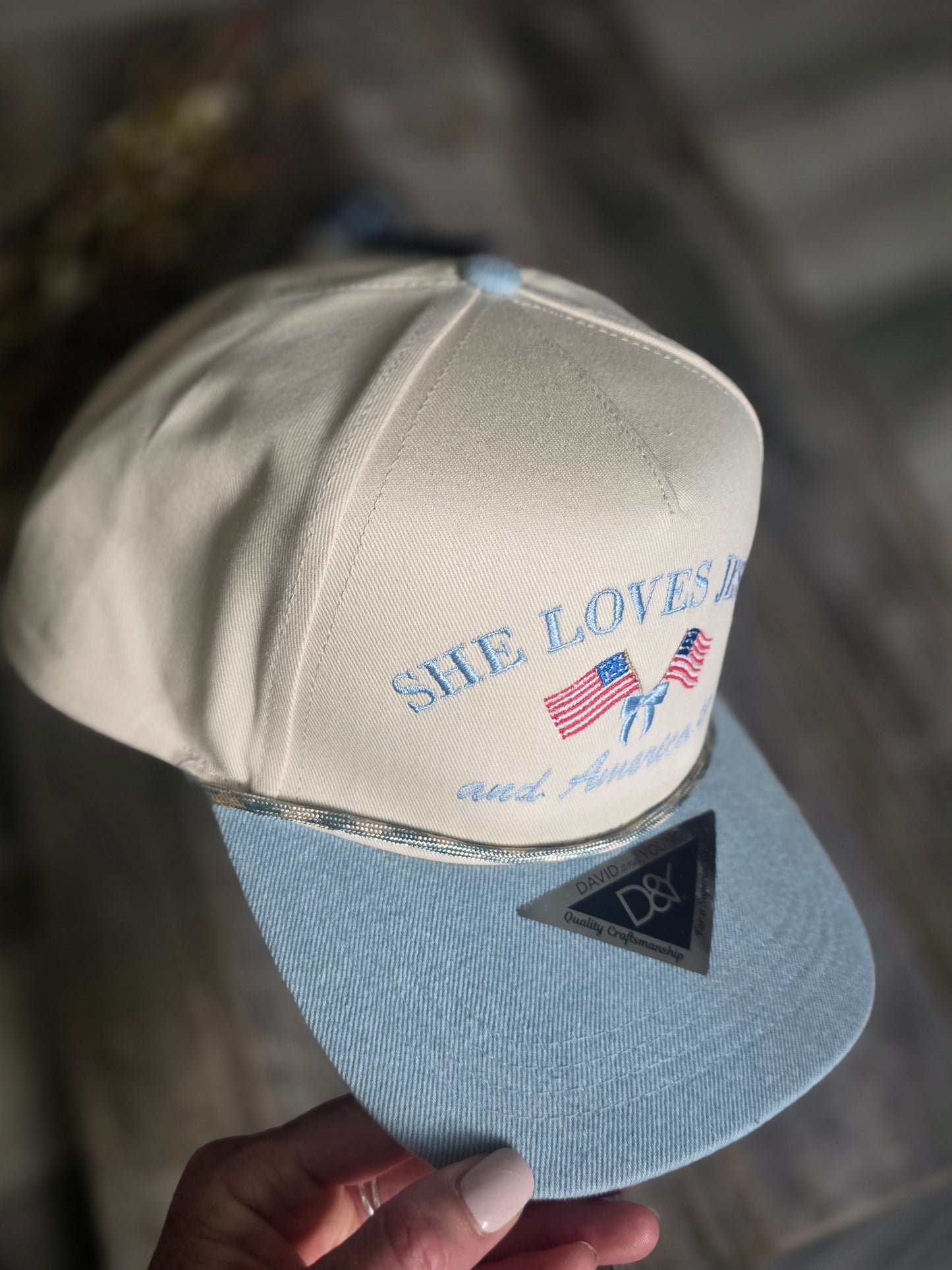 She loves Jesus and America Too Light Denim Hat