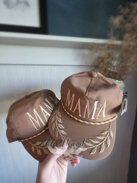 Mama Embroidered Leaf Rope Hat