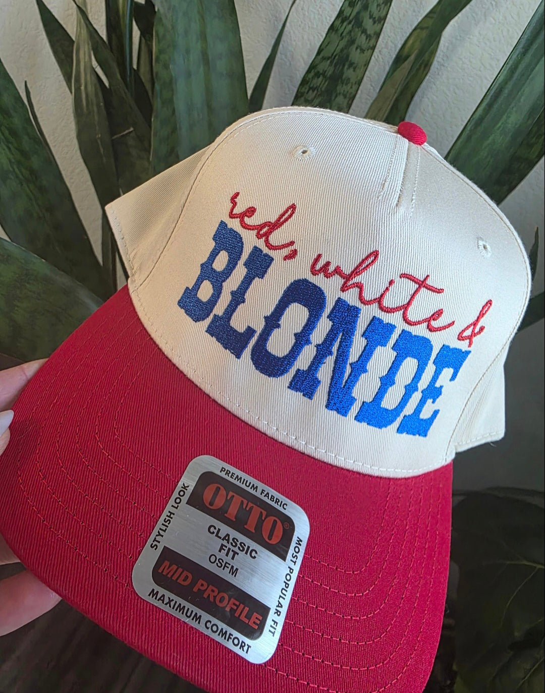 Red White & Blonde/Brunette Hat