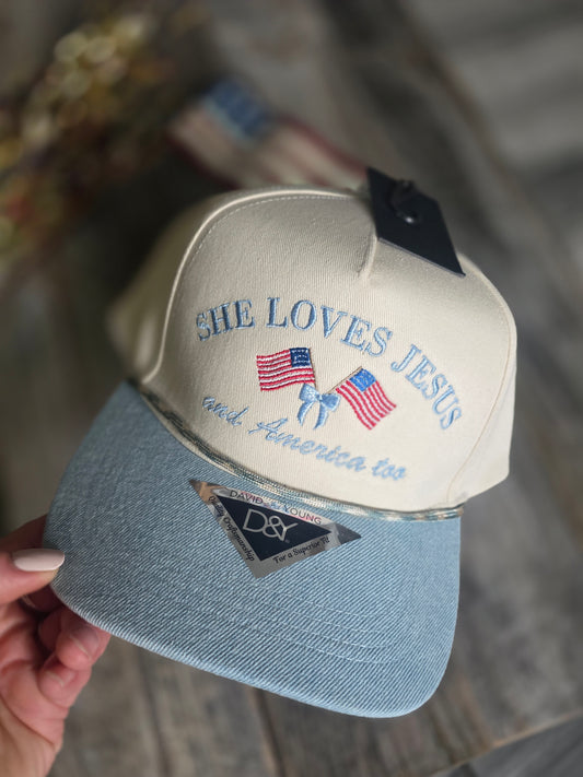 She loves Jesus and America Too Light Denim Hat