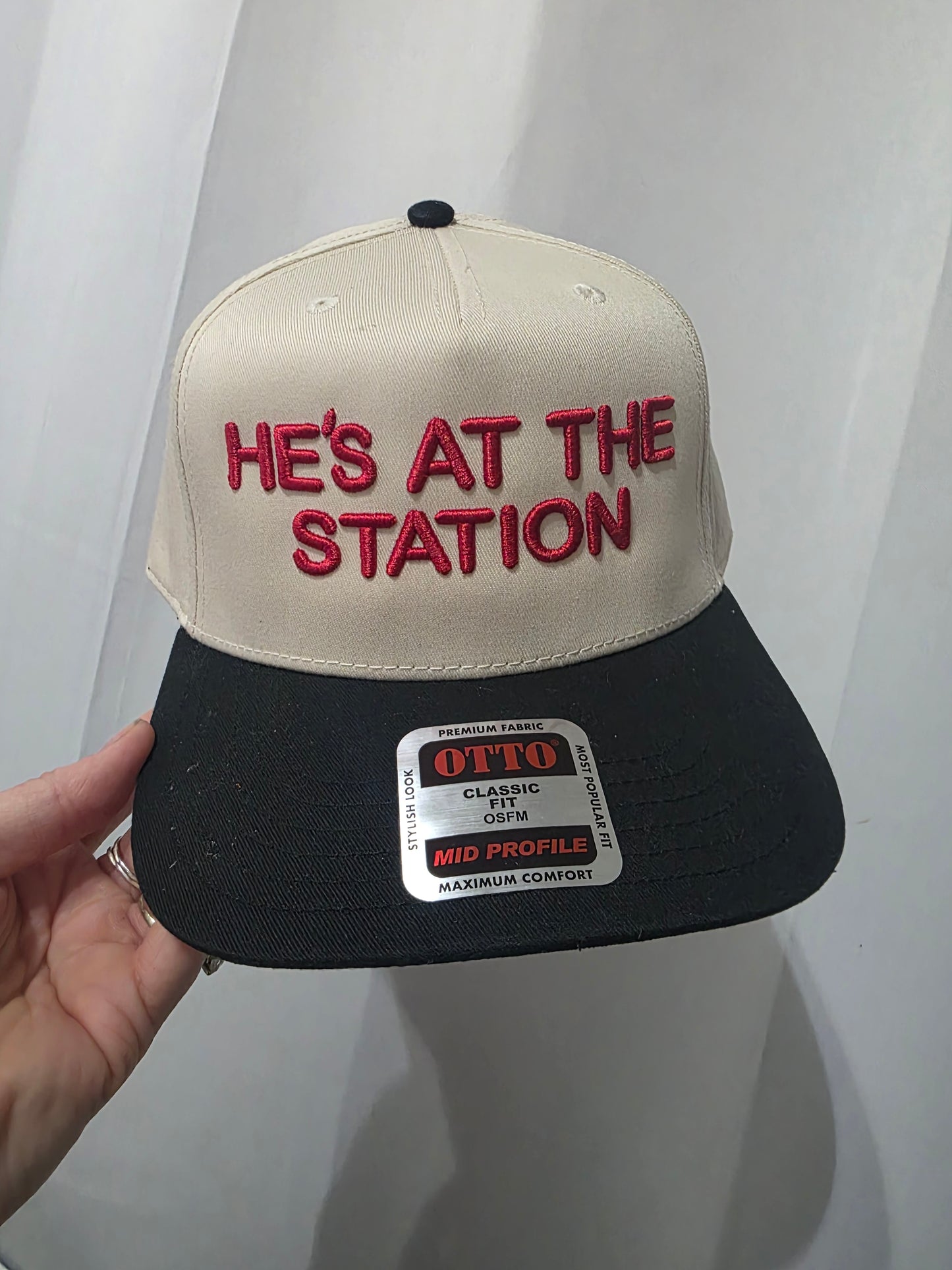 He's at the Station Hat Puff Embroidery