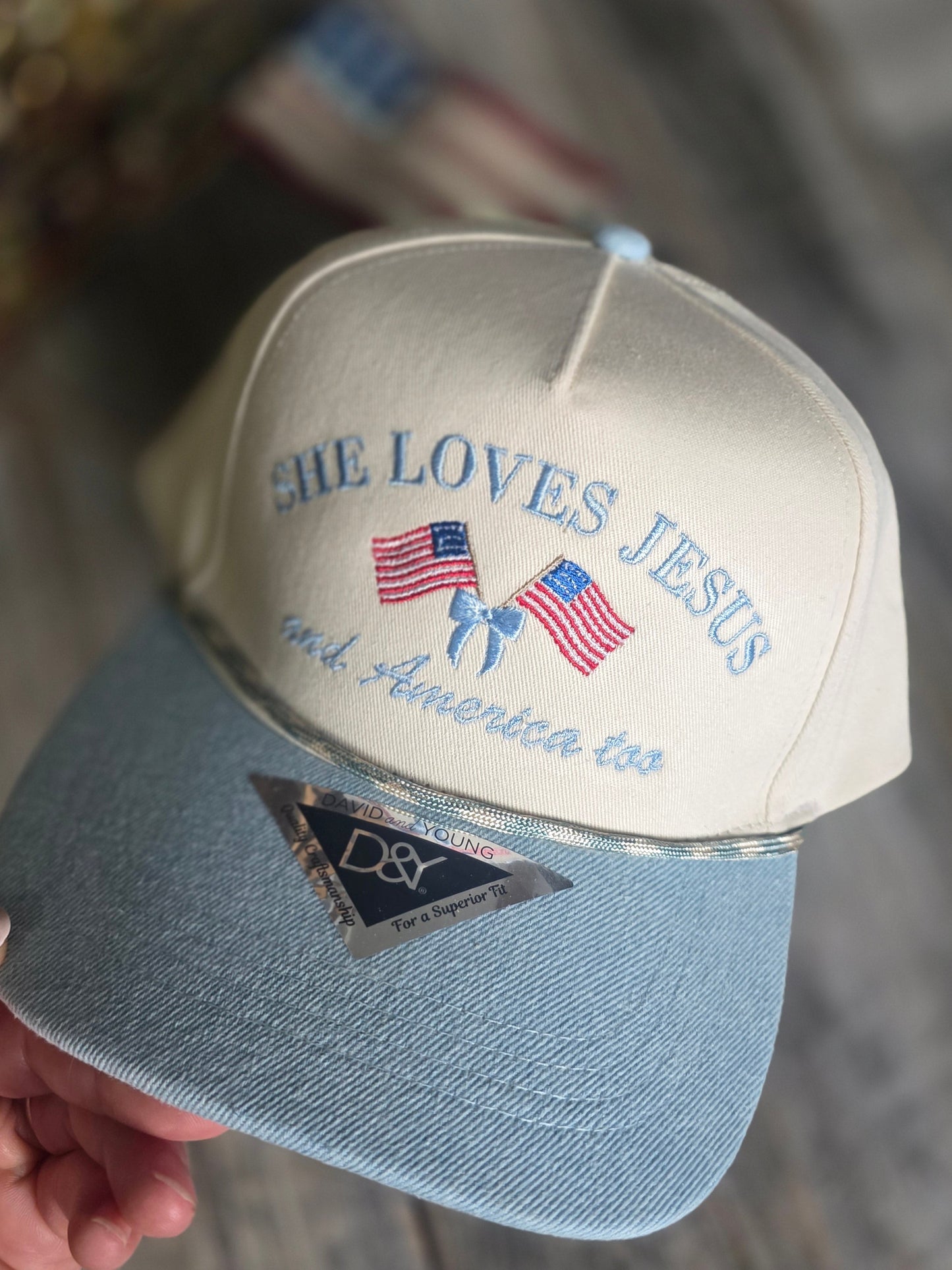 She loves Jesus and America Too Light Denim Hat
