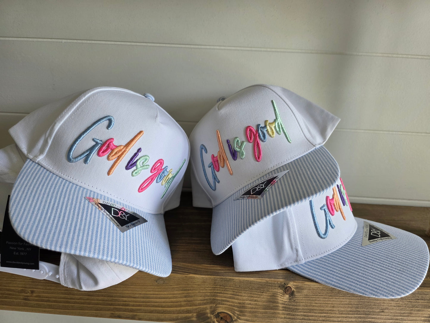 God is Good Multicolor 3d Puff, Striped Hat