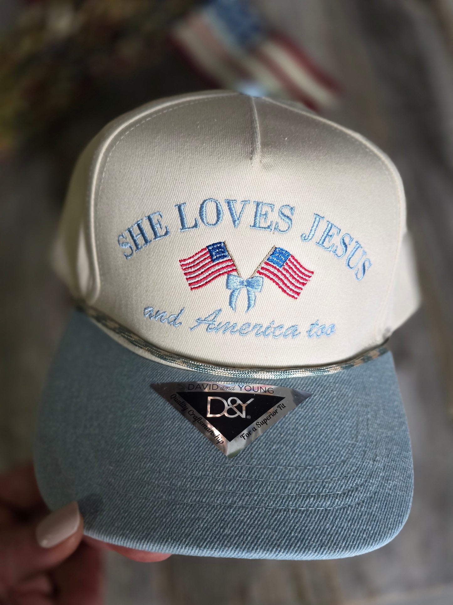 She loves Jesus and America Too Light Denim Hat