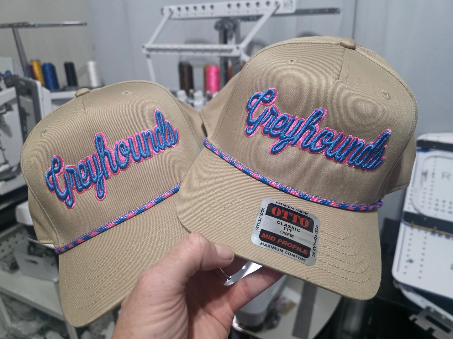 3d Greyhounds Neon Pink & Electric Blue, Tan Rope Hat